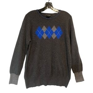 Bloomingdale’s 2 Ply Cashmere Pullover Crewneck Sweater Argyle Gray Blue XL